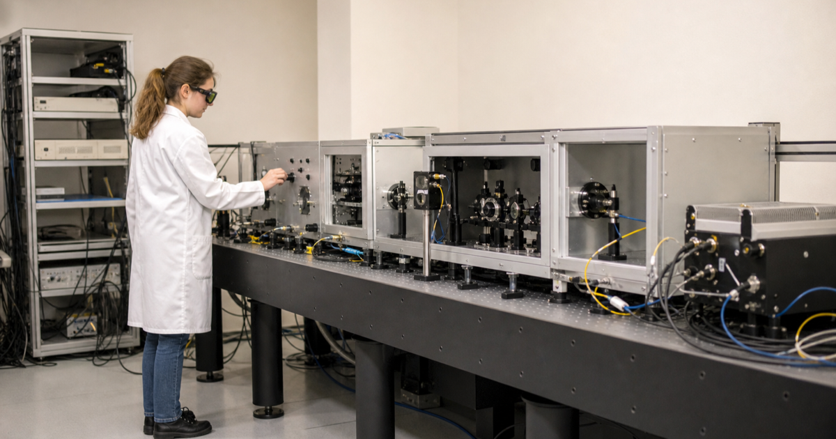 Ricercatrice in un laboratorio di ottica quantistica calibra una stazione di tomografia della polarizzazione con piastre d’onda, fibre e rivelatori a singolo fotone.