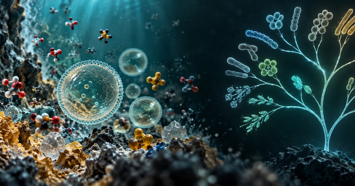 Illustrazione concettuale: molecole e vescicole in un ambiente minerale acquatico, affiancate da ramificazioni che rappresentano l’ascendenza comune dei microrganismi.