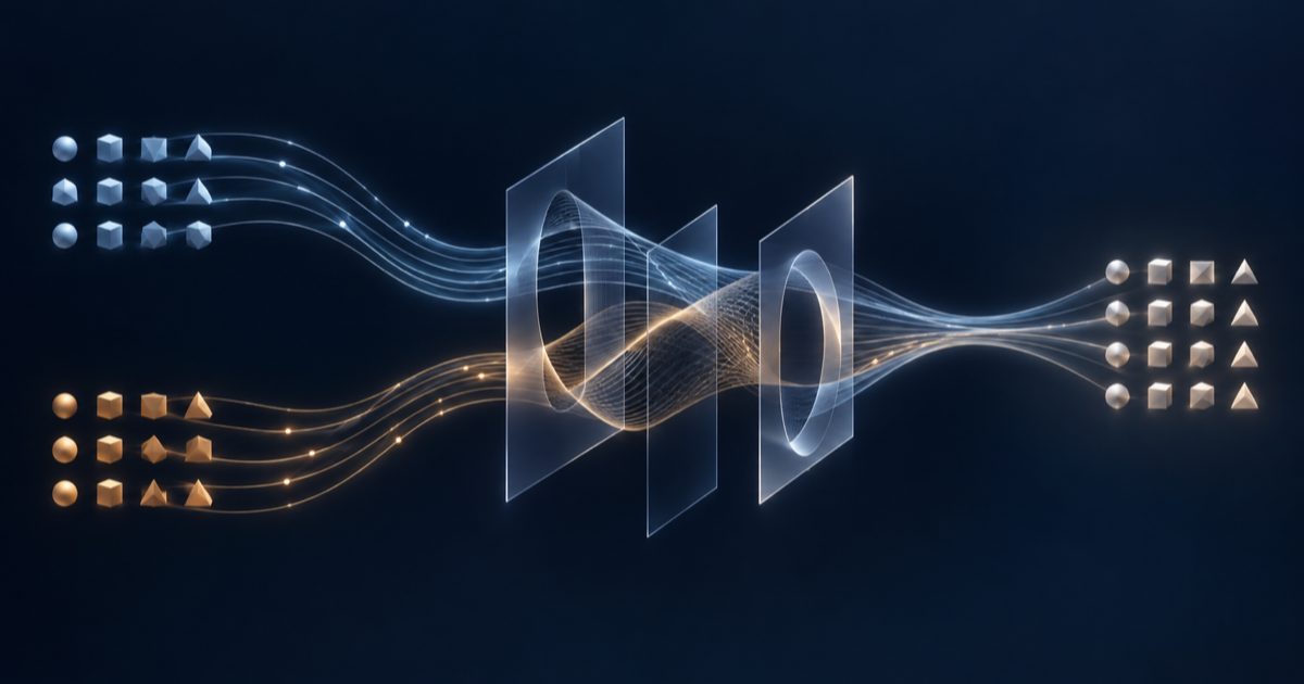 Illustrazione concettuale con solidi geometrici azzurri e dorati collegati da linee luminose attraverso strutture trasparenti, su fondo blu scuro.