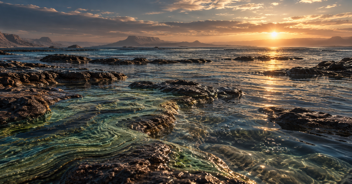 Ricostruzione illustrativa di una costa antica: tappeti microbici verde-azzurri sulle rocce in acqua bassa, mare e luce dorata all’orizzonte. Immagine generata, non fotografia di un sito identificato.