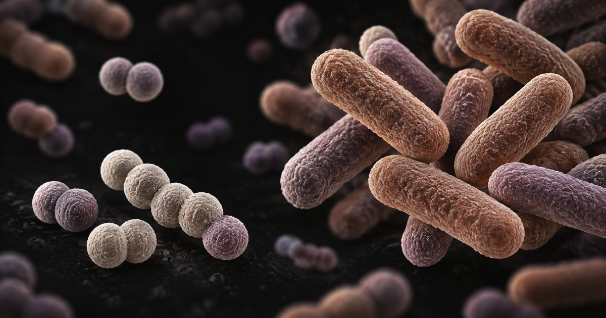 Illustrazione generata di cellule batteriche a bastoncello e coccoidi, in tonalità rame, avorio e malva su fondo scuro; forme illustrative, non identificazione di specie.
