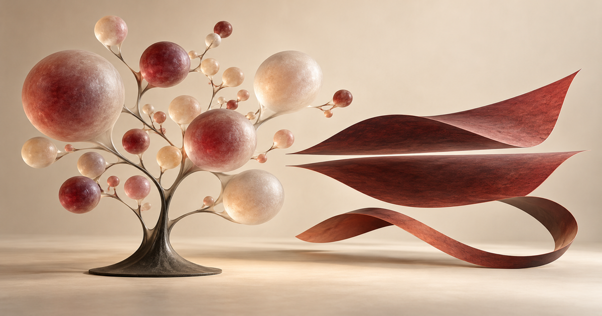 Scultura concettuale con sfere ramificate, due superfici sospese e un nastro curvo. Illustrazione generata dei modelli cosmologici, non un’osservazione di universi o brane.