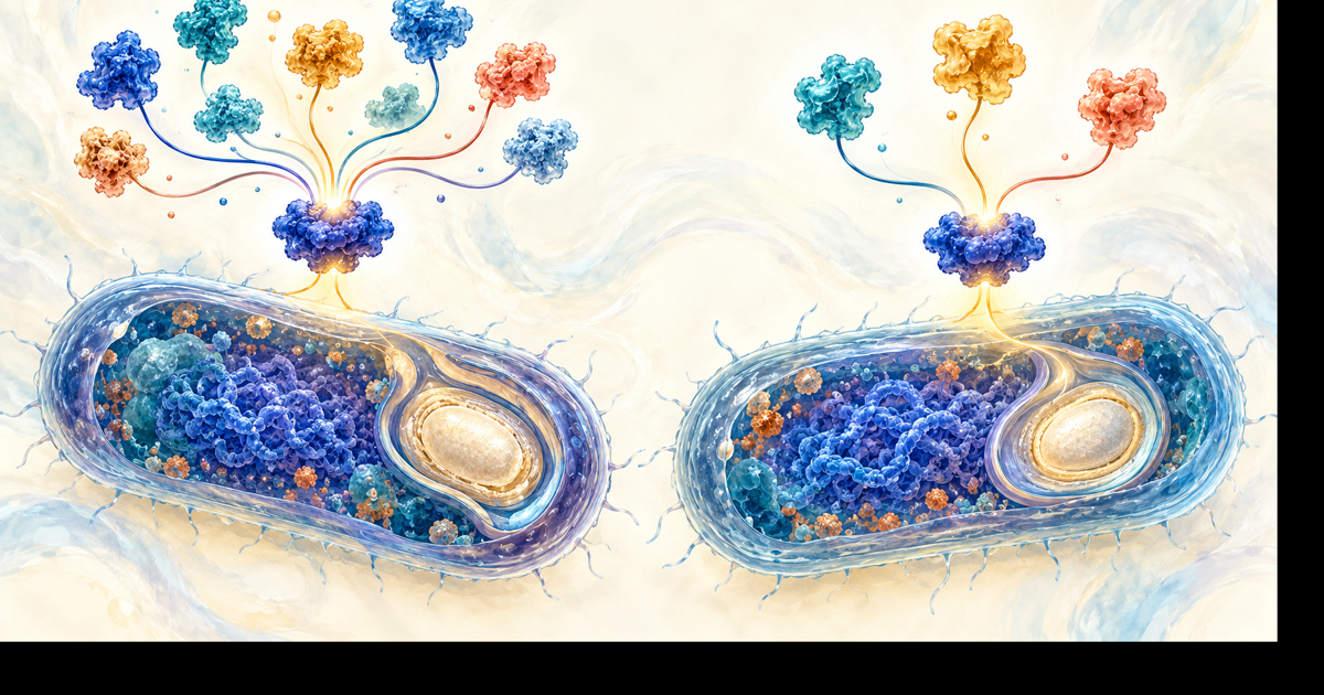 Illustrazione concettuale di due cellule batteriche con una spora interna e reti molecolari schematiche differenti, nei toni avorio, blu, teal e corallo; non è una micrografia né identifica specie.